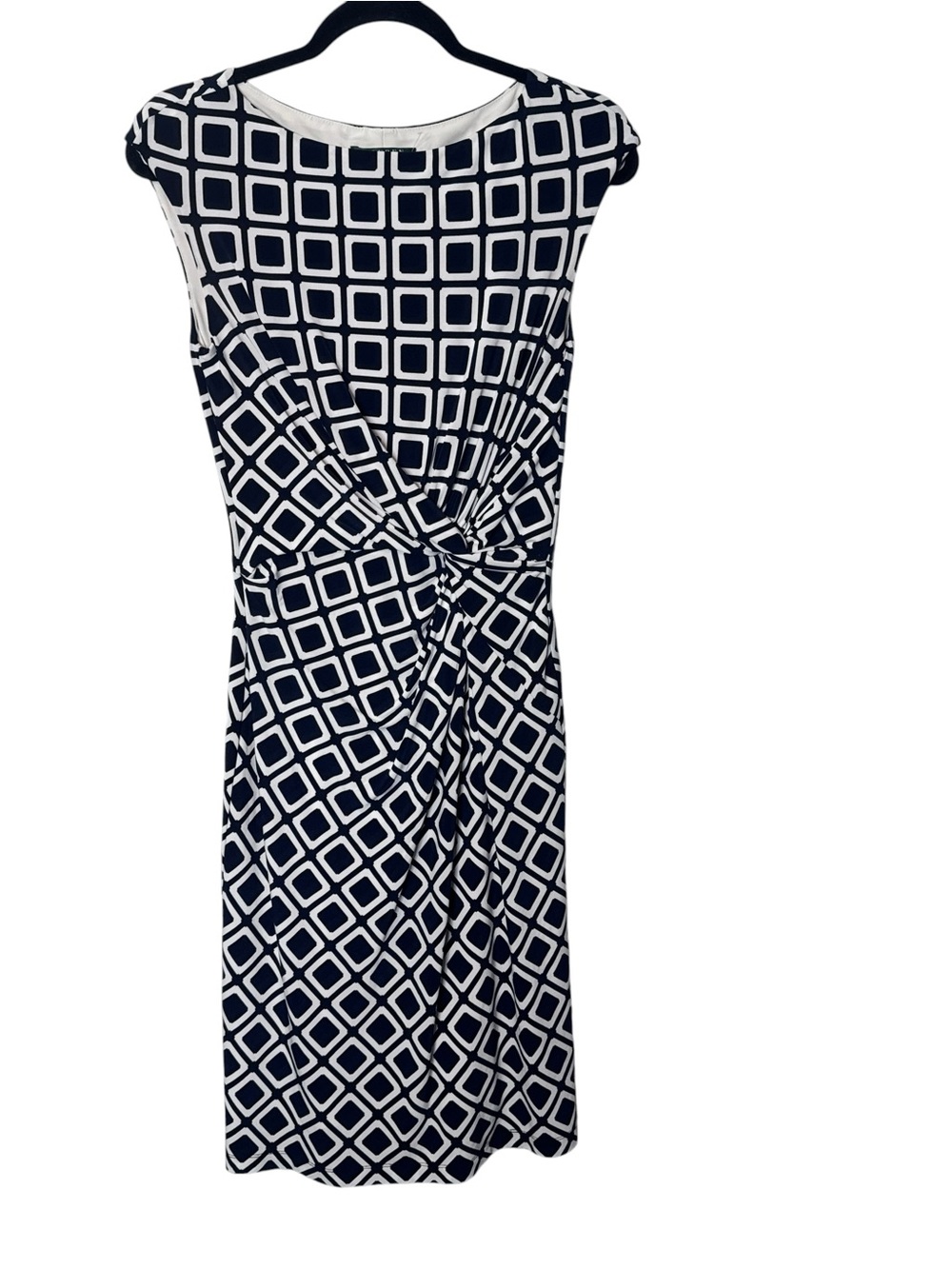 Navy & White Geometric Twist-Front Women’s Dress Sz 6 stretchy boat neck career